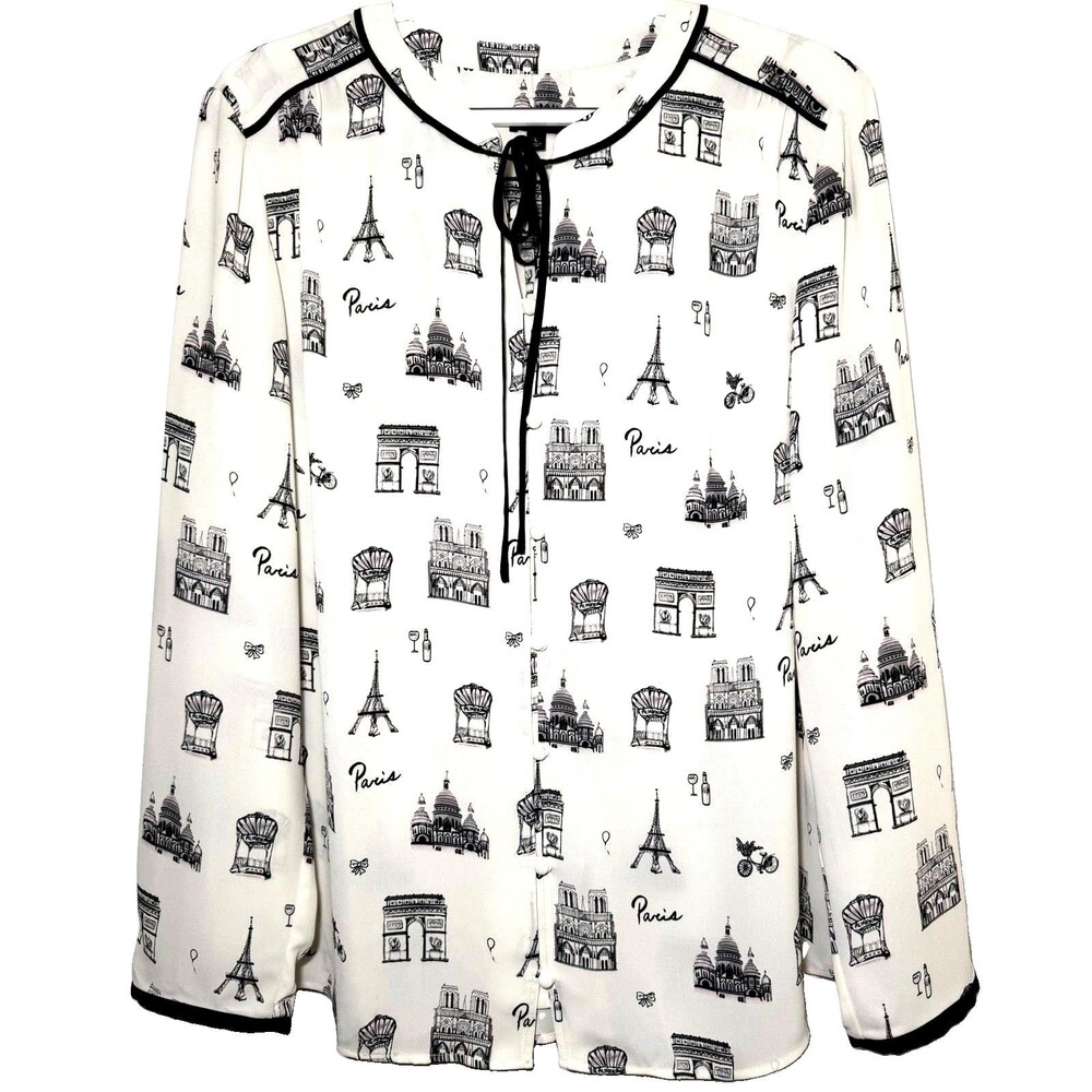 Talbots Paris Landmark Print Blouse Large Eiffel Tower Tie Neck Ivory Black